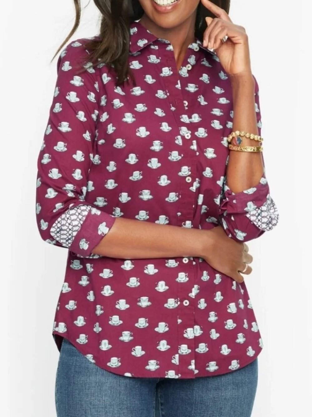 Talbots Tea Time Cups and Saucers Print Button-up in Burgundy Size Small Petite